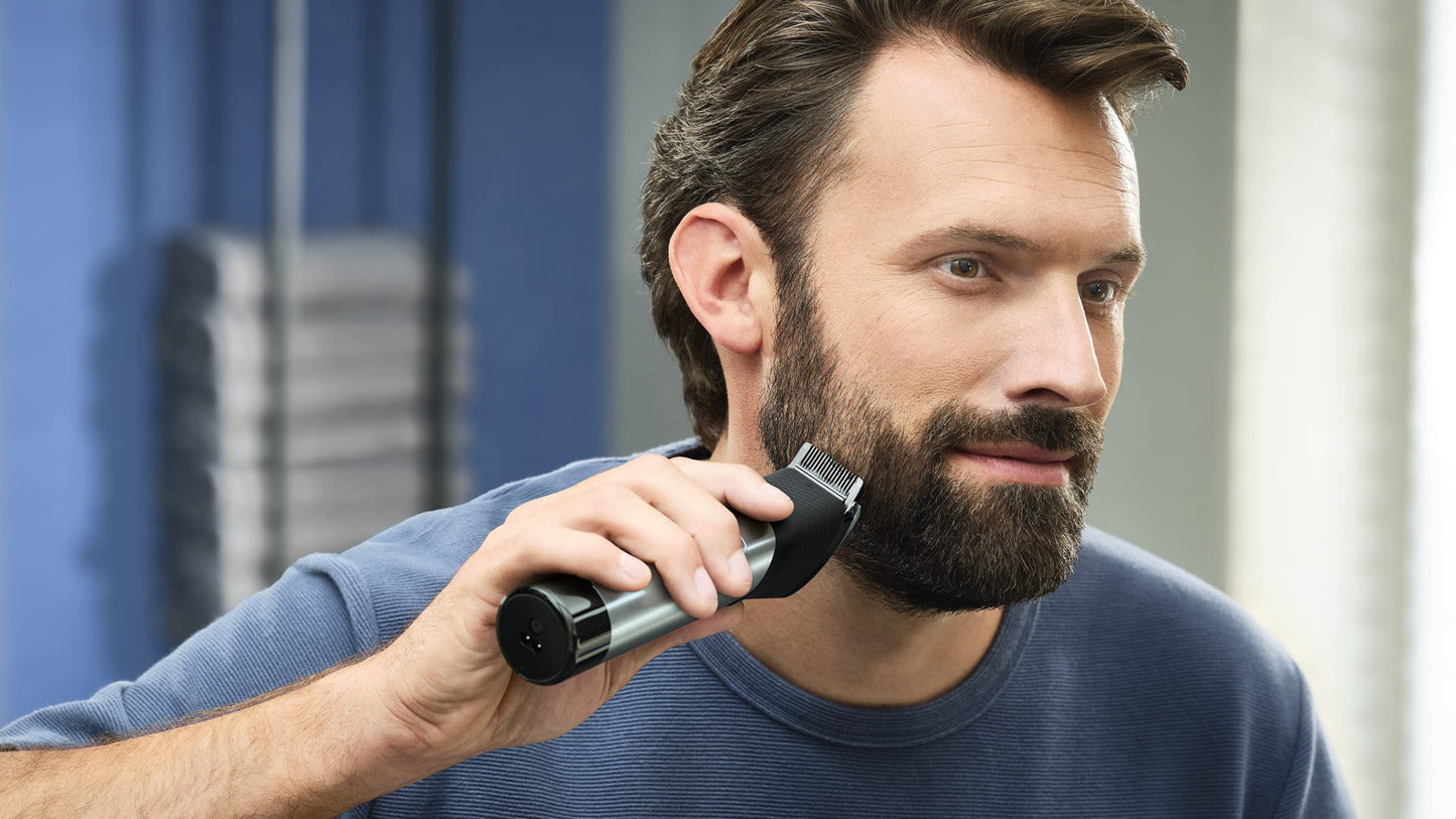 Norelco Philips Beard Trimmer 7000 Series, 100% Waterproof Trimmer for Men, 40 Lock-in Hair Length Settings, BeardSense Power Adaptability, Detail & T-Blade Trimmer Heads, Charging Stand, BT7670/40