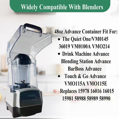 Blender Pitcher 48oz, Fit for Advance Quiet One VM0145 VM0100A 16016 15978 36019,Touch & Go and Drink Machine Advance Commercial Blender Series,Fit for GT001 (Clear)