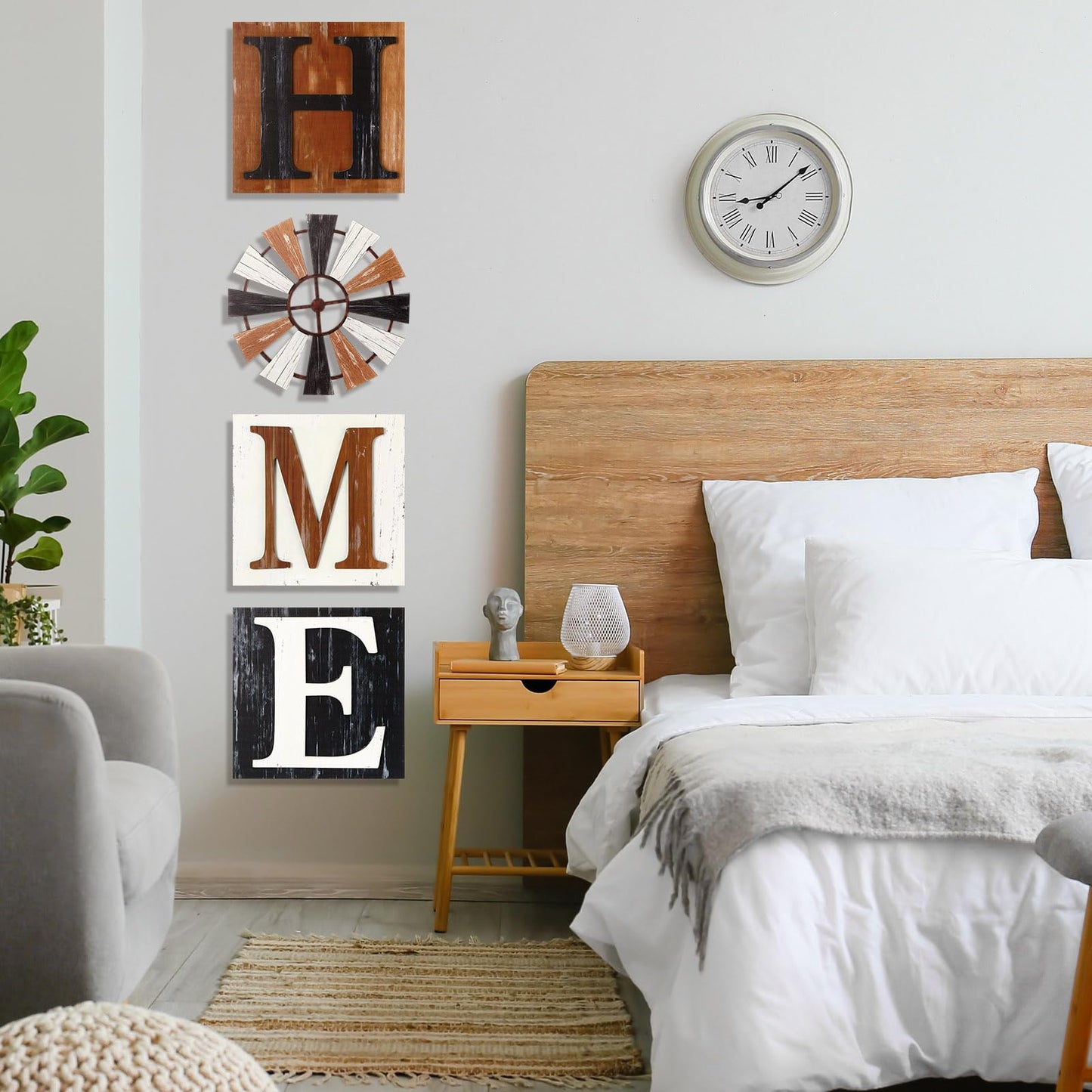 Novabright 4 Pcs Farmhouse Wall Decor 3D Wooden Home Sign with Windmill for O, Rustic Wood Letters Decorative Wall Art Decor for Living Room Kitchen Bedroom, Entryway Housewarming Gift