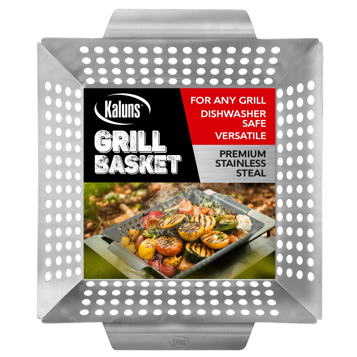 Kaluns Heavy Duty Stainless Steel Vegetable Grill Basket, Rectangular, Silver, Dishwasher Safe Grills and Vegetables