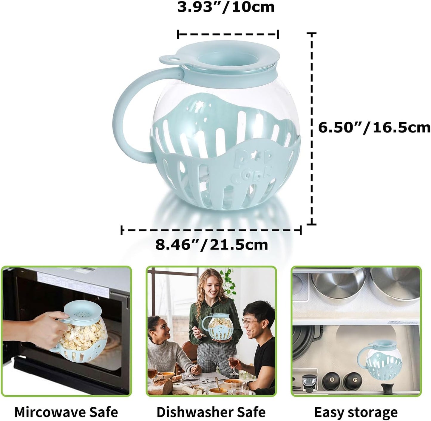 MMUGOOLER Glass Microwave Popcorn Popper, 2.25QT Original Popcorn Jar with Silicone Lid, Blue