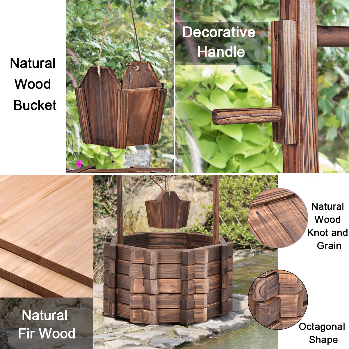 S AFSTAR Wooden Garden Bridge, 5FT Stain Finished Arch Footbridge with Safety Rails for Garden Patio Yard, Outdoor Pond Bridge & Wishing Well Planter Set
