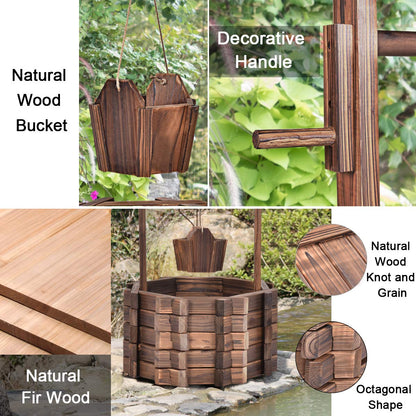 S AFSTAR Wooden Garden Bridge, 5FT Stain Finished Arch Footbridge with Safety Rails for Garden Patio Yard, Outdoor Pond Bridge & Wishing Well Planter Set