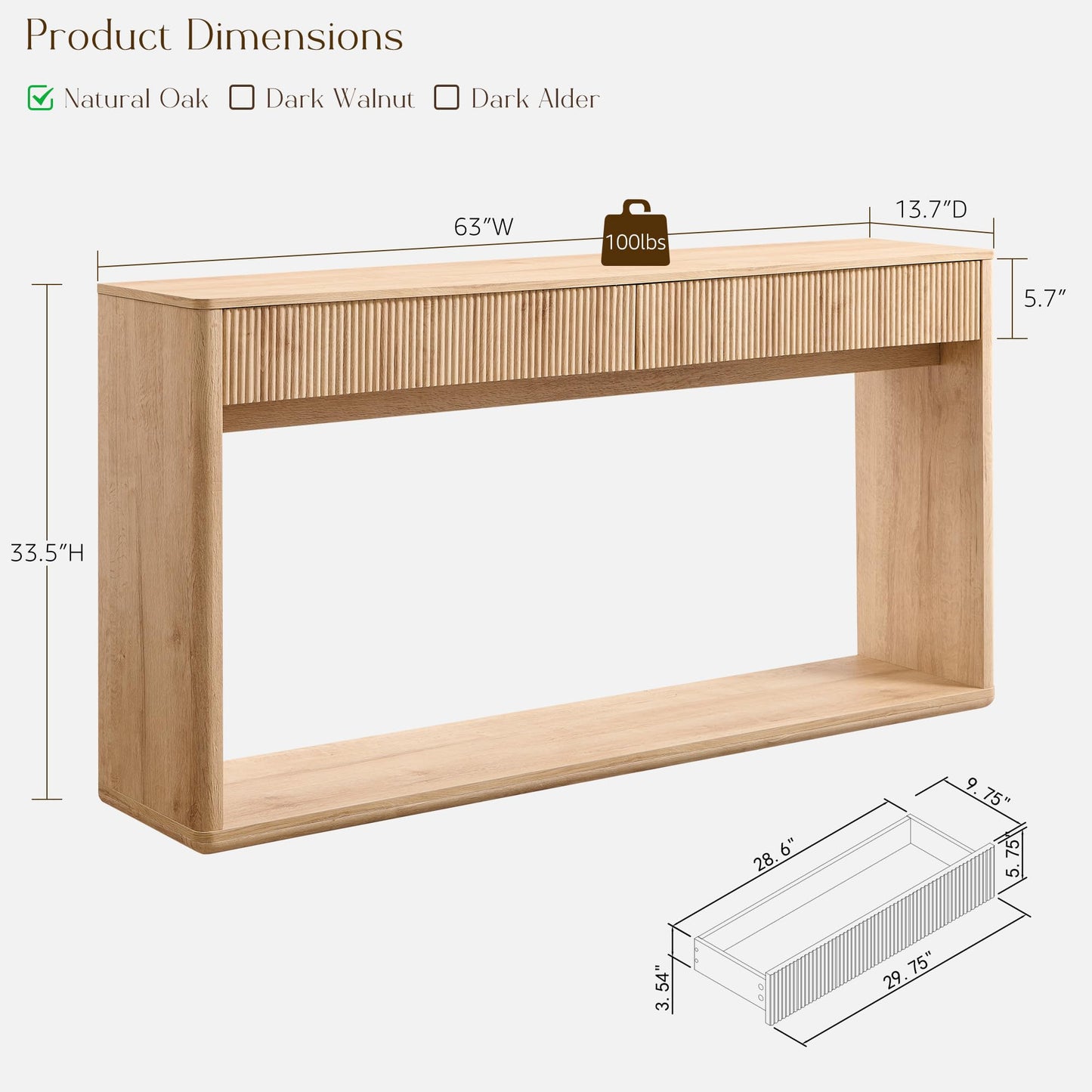 OKD 63" Fluted Console Table for Entryway, Modern Entryway Table with 2 Large Drawers, Long Sofa Table Behind Couch for Living Room, Hallway, Couch, Foyer，Natural Oak