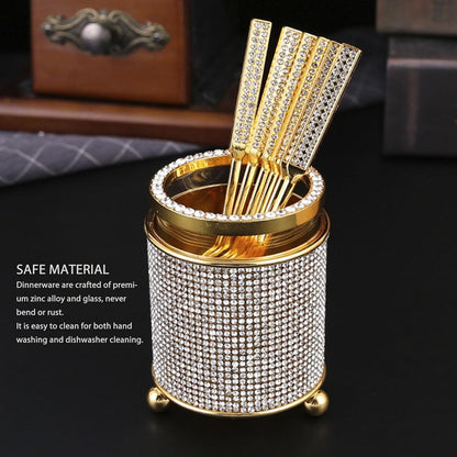 Coffee Spoons Set with Holder, Long Handle Dessert Spoons, Gold Glass Jar with 6 Metal Flatware Spoons