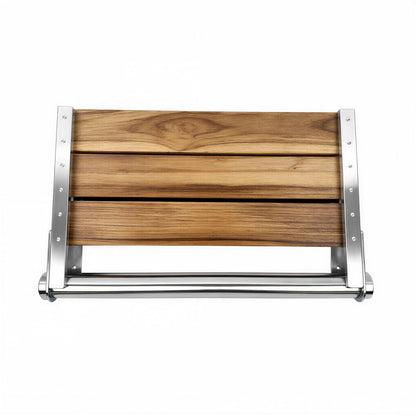 Teak Shower Seat Bench with Back - Wall Mounted Fold Up Shower Seat, Waterproof Folding Teak Bath Chair for Seniors, 304 Stainless Steel Frame, with 300 lbs Capacity - 18" Length, Polished