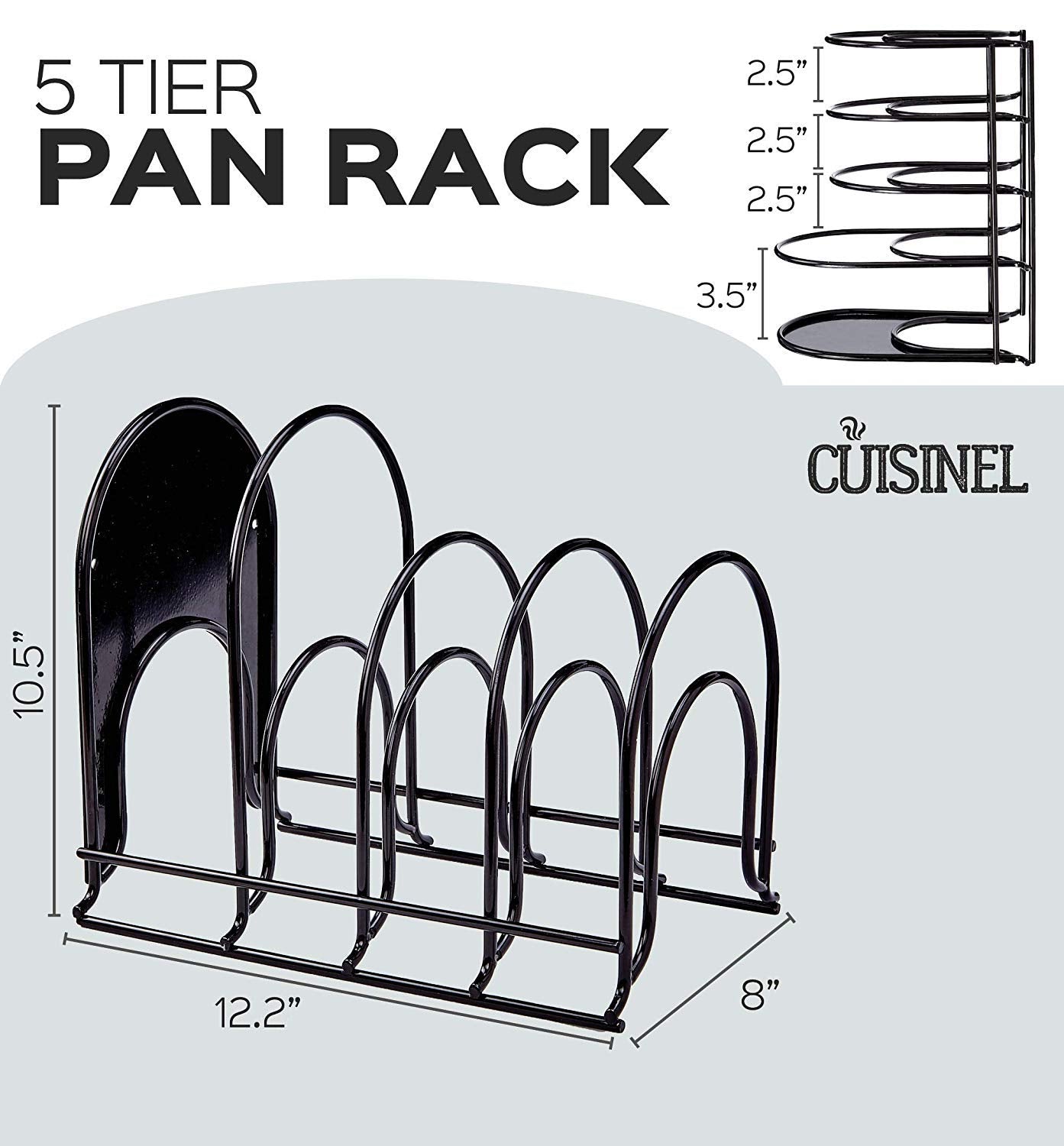 Cuisinel Heavy Duty Pots and Pans Organizer Rack - 12.2"-Inch Tall - 5 Tier Rack - Holds 50 LB - Cast Iron Skillets, Griddles, Shallow Cookware - Space Saving Kitchen Storage - No Assembly Required