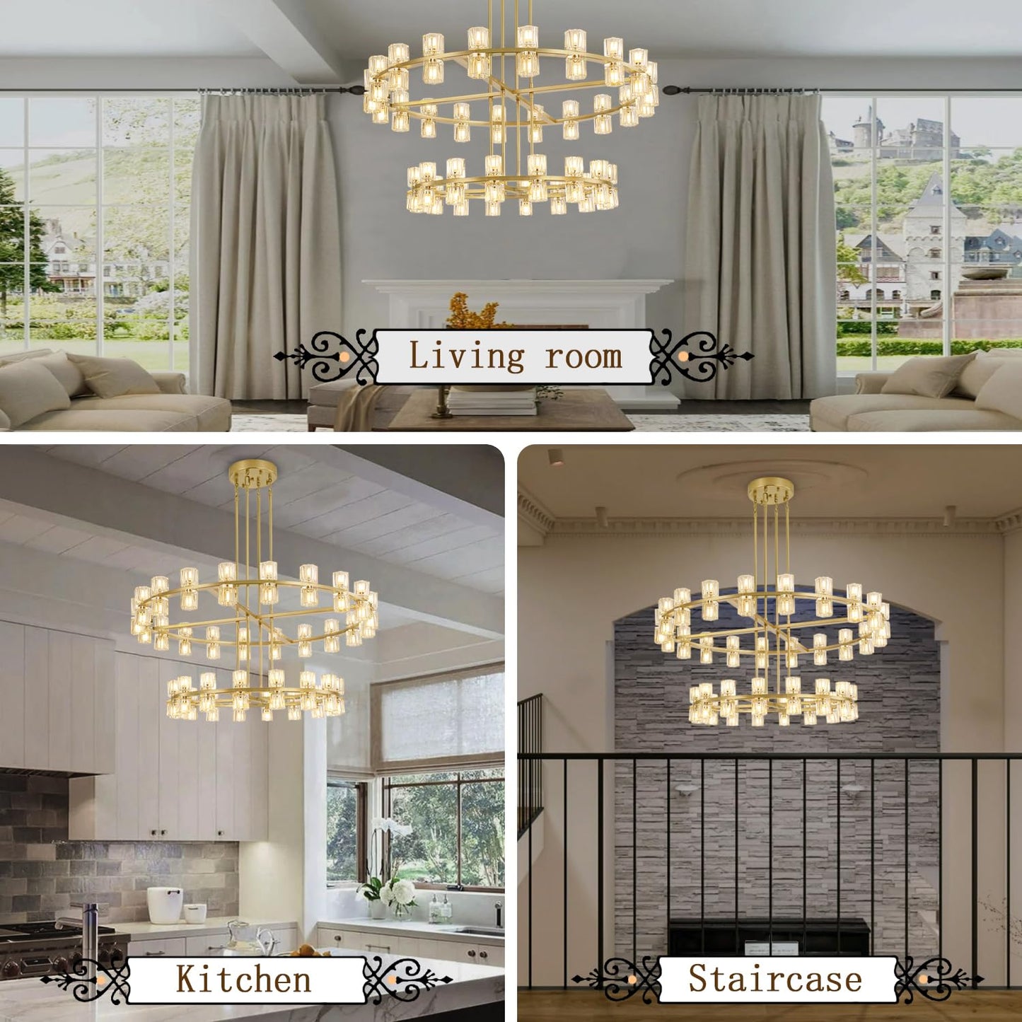 Shial Lighting 2 Tier Gold Wagon Wheel Chandelier, 108-Lights Farmhouse Pendant Light Fixture, Rustic Round Chandelier for Foyer Entryway Living Room (Dia 32"+40")