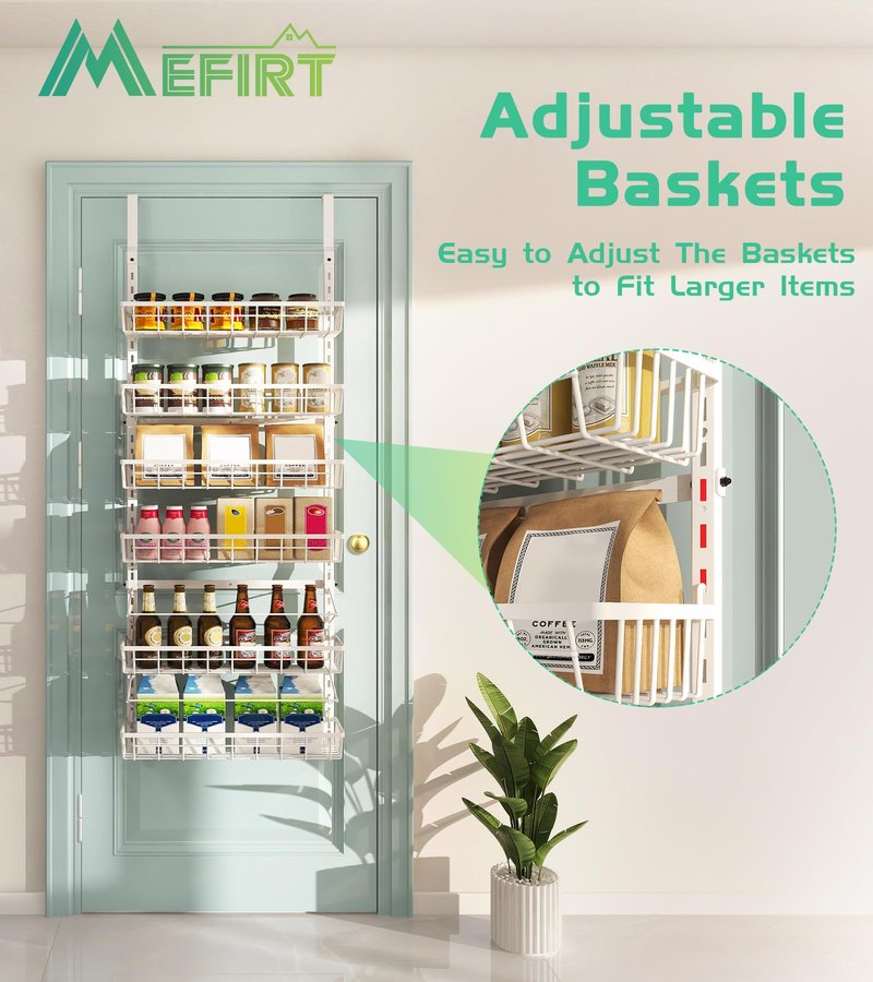 Mefirt Over The Door Pantry Organizer, Wall Mount Spice Rack, Pantry Hanging Storage and Organization, 6 Adjustable Baskets Heavy-Duty Metal for Home & Kitchen, Back of Door Seasoning Rack - White