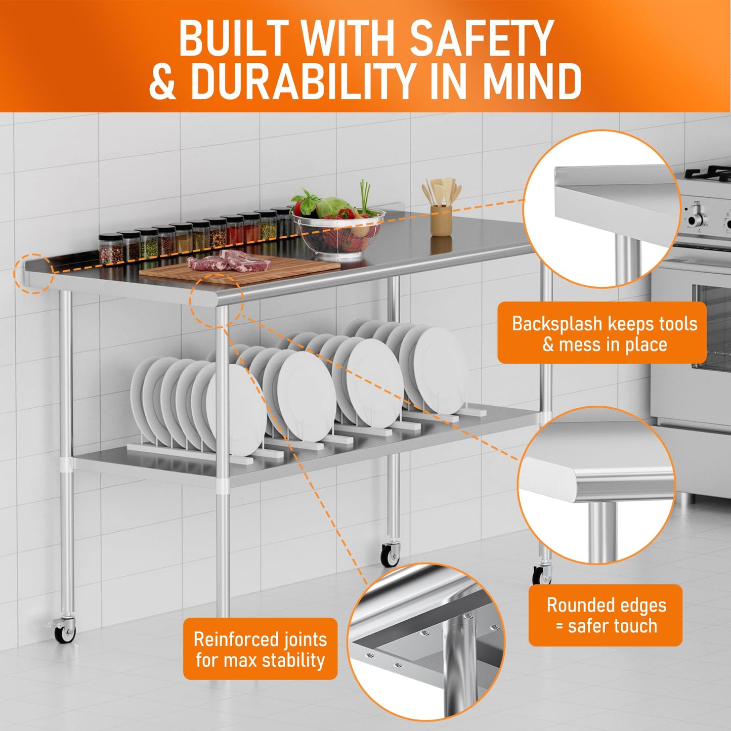 HOCCOT Stainless Steel Prep Table 30" X 60" with Adjustable Undershelf, Backsplash and Wheels, Commercial Metal Workstations for Kitchen, Garage, Home and Hotel