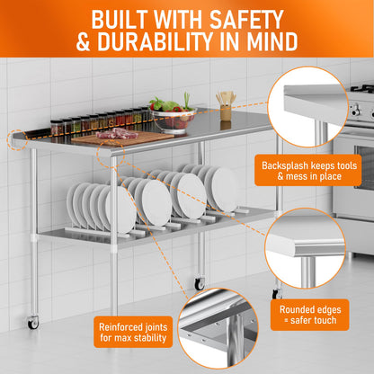 HOCCOT Stainless Steel Prep Table 30" X 60" with Adjustable Undershelf, Backsplash and Wheels, Commercial Metal Workstations for Kitchen, Garage, Home and Hotel