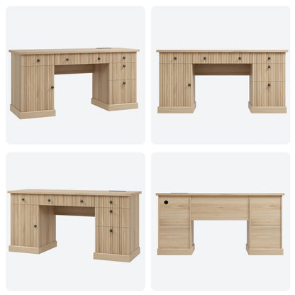 Garvee 60" Office Desk with Storage & Drawers. Fluted Wood Computer Desk with Power Outlet & Adjustable Shelves.Modern Executive Desk for Home Office/Bedroom/Gaming-Burlywood