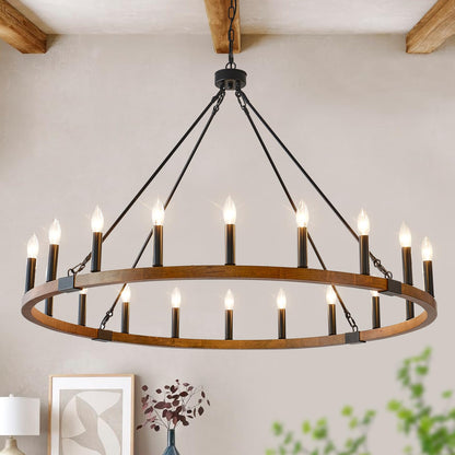 HHR 48 Inch Wood Wagon Wheel Chandelier, 20-Light Large Rustic Chandeliers for High Ceilings, Farmhouse Dining Room Light Fixtures for Foyer, Living Room, Porch