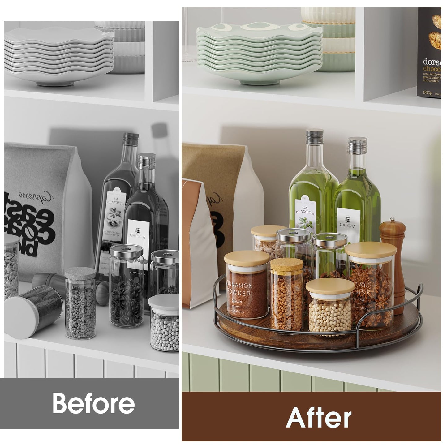 LAMU 2 Pack 9'' 10'' Lazy Susan Turntable Organizer for Table Top Cabinet, Wooden Lazy Susan for Kitchen, Pantry, Countertop, Bathroom Vanity, Spice Organization, Wood Decor