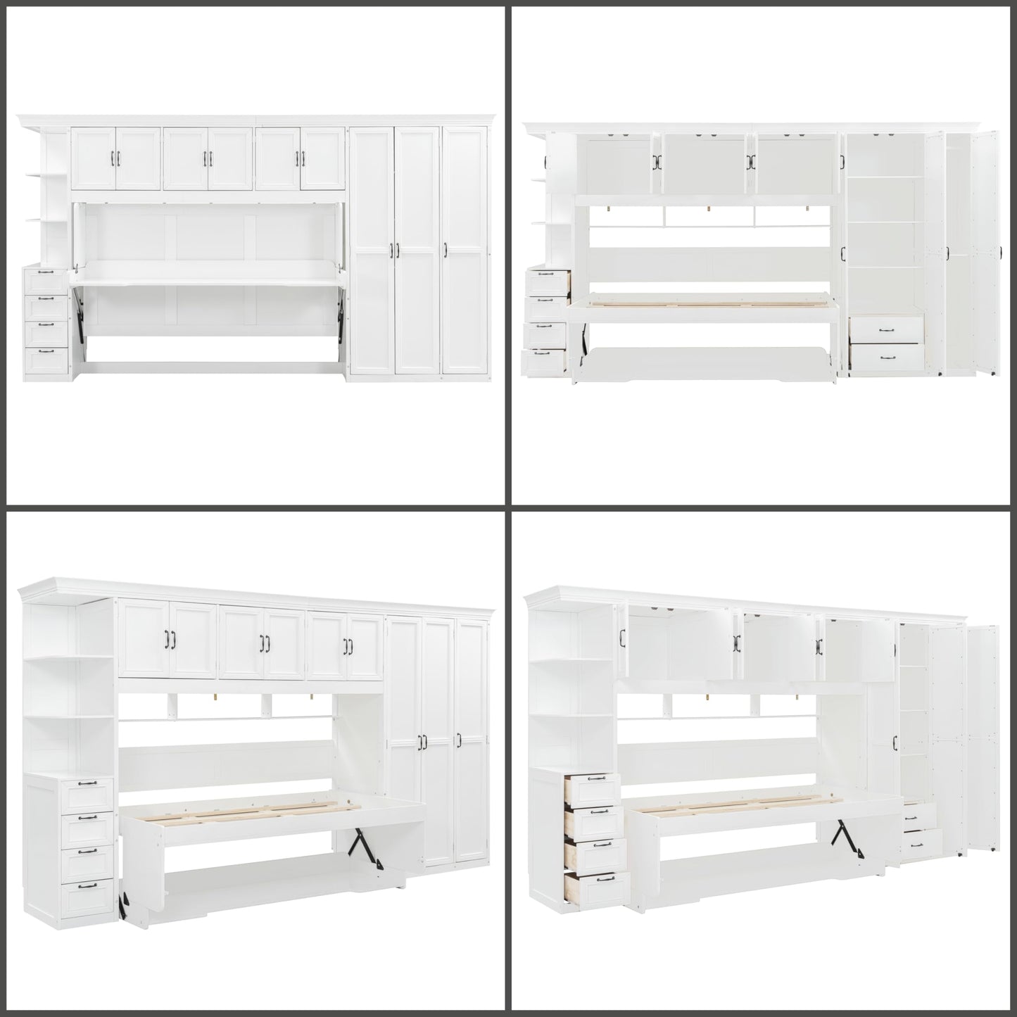 Merax Twin Size Murphy Bed with Desk, Multifunctional Wood Foldable Wall Bed with Wardrobe, Drawers and Cabinet, Space-Saving Hidden Bed for Guest Room Office, No Box Spring Needed, White