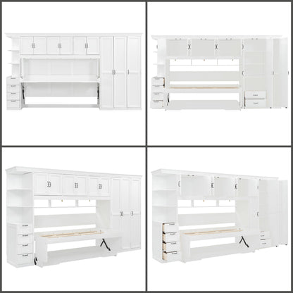 Merax Twin Size Murphy Bed with Desk, Multifunctional Wood Foldable Wall Bed with Wardrobe, Drawers and Cabinet, Space-Saving Hidden Bed for Guest Room Office, No Box Spring Needed, White