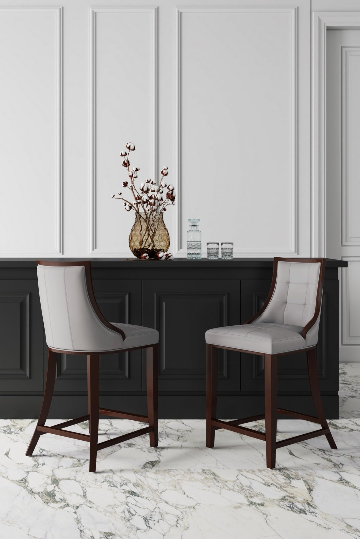 Manhattan Comfort Fifth Avenue Faux Leather Counter Stools with Rectangular Design Stitching, Foam Padding & Solid Beech Wood Frame, Fully Assembled Countertop Chairs, Set of 3, Light Grey