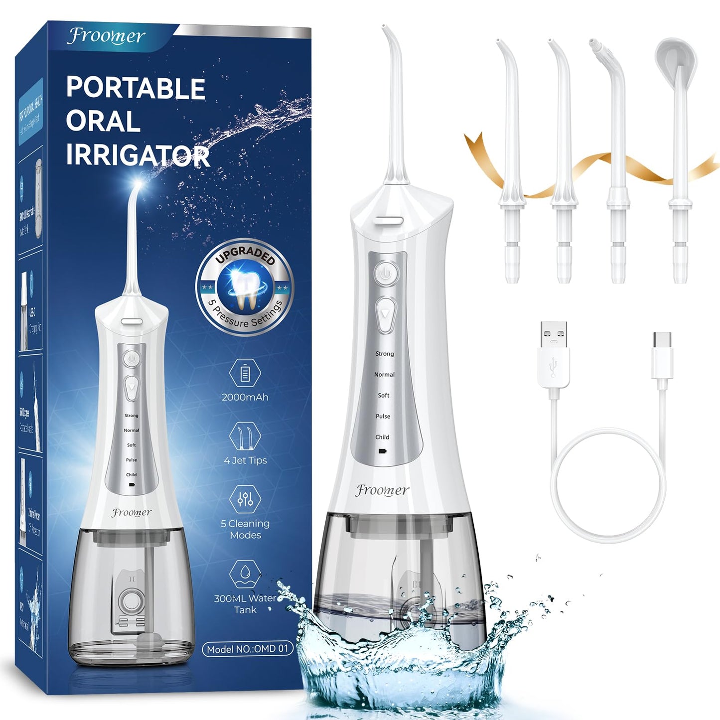 Froomer Water Flosser，Water Dental Forsser for Teeth Clean, 5Modes 4 Jet Tips,Rechargeable Portable Water Flossers for Teeth,300ML Tanks for Travel Friendly(Black