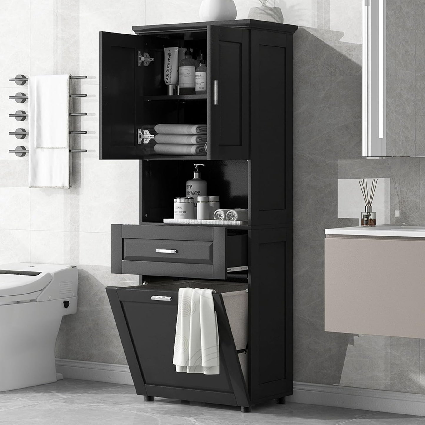 Virubi Laundry Cabinet with Tilt Out Laundry Hamper and Drawer, Wood Tall Bathroom Storage Cabinet with Doors and Adjustable Shelves, Freestanding (Black)