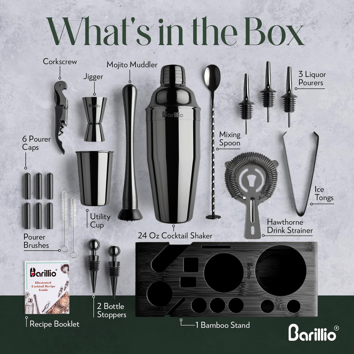 Barillio Black Bartender Kit - Stainless-Steel Cocktail Shaker Set w/Black Bamboo Stand - Mixology Bar Tools w/Drink Shaker, Mixer and Muddler for Cocktails - Home Bar Accessories - 23-Pc Bar Set