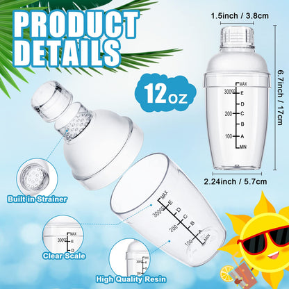 Lallisa 12 Pcs Plastic Cocktail Shaker Drink Mixer with Scales and Strainer Top Clear Shaker Cup with Measurement Plastic Mixing Tool for Tea Coffee Bubble Tea Milk(350 Cc/ 12 oz)
