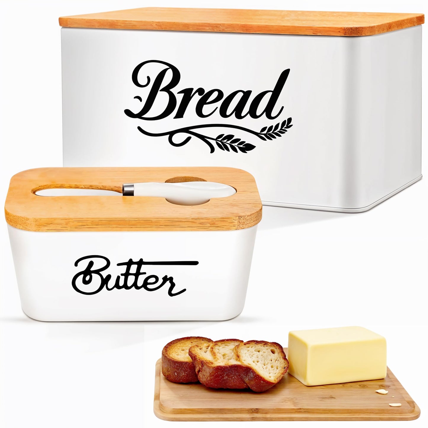 HOMDY, Bread Box for Kitchen Countertop, Bamboo Bread Bin with Cutting Board Lid, Ceramic Butter Dish with Lid & Knife, Bread Holder for Homemade Bread, Bread Storage, White Bread Box