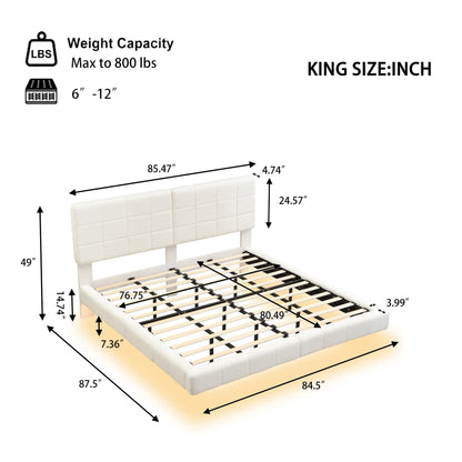 Merax King Size White Boucle Upholstered Platform Bed with Tall Headboard, Modern Floating Bed Frame with LED Lights for Bedroom, Solid Wood Slats Support, No Box Spring Needed, Easy Assembly