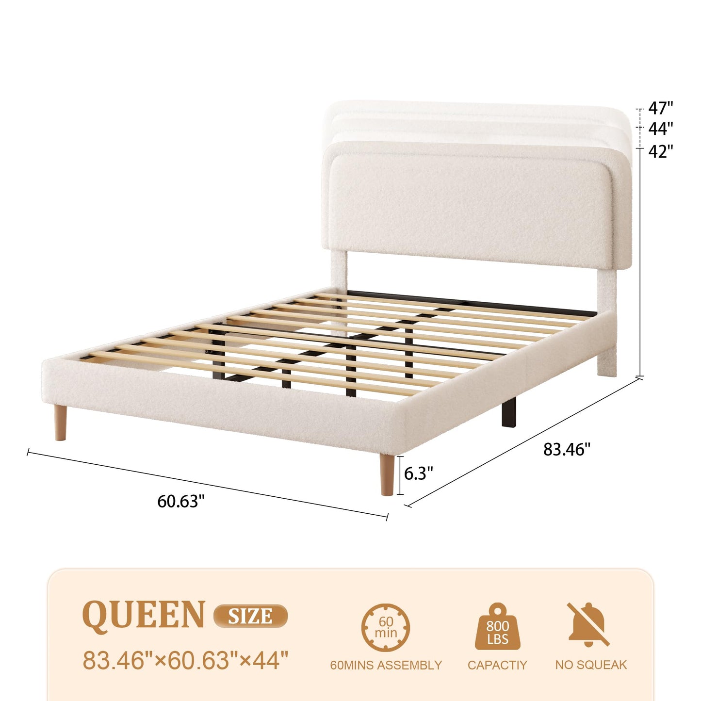 viplov Queen Size Boucle Upholstered Platform Bed Frame with Adjustable Headboard, Soft Cloud Bed, No Box Spring Needed, Noise Free, Easy Assembly, White