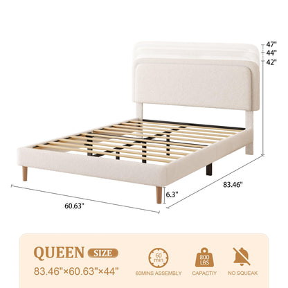 viplov Queen Size Boucle Upholstered Platform Bed Frame with Adjustable Headboard, Soft Cloud Bed, No Box Spring Needed, Noise Free, Easy Assembly, White