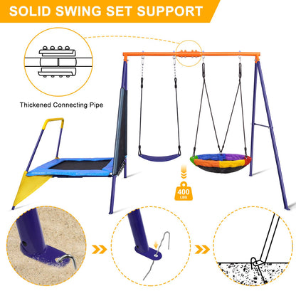 Lunafun Swing Sets for Backyard with Trampoline 440lbs with Heavy-Duty Metal A-Frame Outdoor Swing Set with 1 Saucer Swing Seat 1 Swings Seat & 1 Trampoline