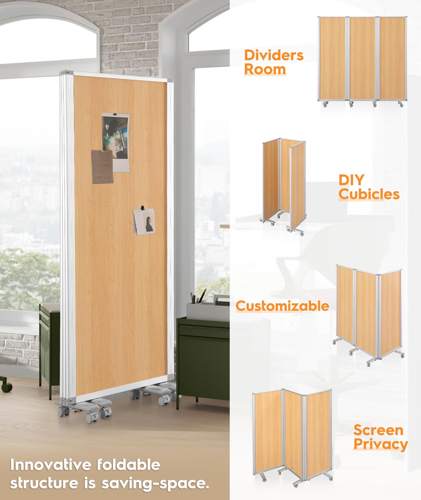 SWANCROWN Folding Office Partition 3-Panel Room Divider 71x71 in, Sliding Privacy Screen Portable Temporary Wall for Cubicle, Studio & Home Office, Wood Grain