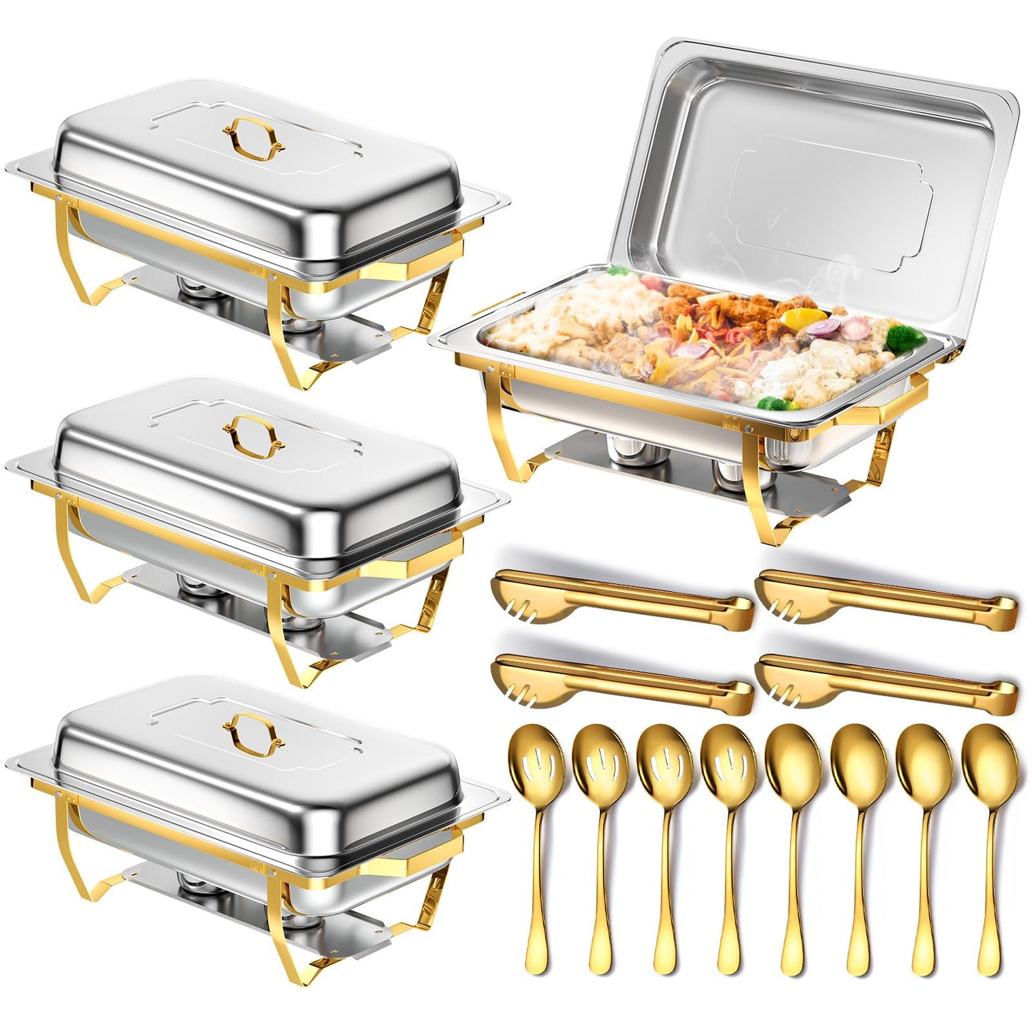 Keyoxy Chafing Dishes for Buffet, 8 Qt High Grade Chafing Dish Buffet Set, Rolled-Edge Design Food Warmers for Parties, Buffet, Wedding, Birthday, Camping 4 Pack 4 Pans [Half Gold]