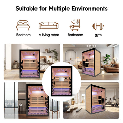 OUTEXER Sauna for 2 Person Far Infrared Saunas 2100W 120V Room Home Canadian Hemlock Indoor Low-EMF Dry Saunas with with Oxygen Bar 7 Color Light 53.1 * 47.2 * 74.8inch