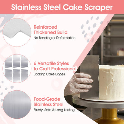KongTiva 6 Pcs Stainless Steel Cake Scraper, Large Double Sided Patterned Edge Stripe Edge Smoother Scraper 10 Inch & 9 Inch Cake Decorating Comb Metal Pastry Cutter for Butter Mousse Cream Decoration