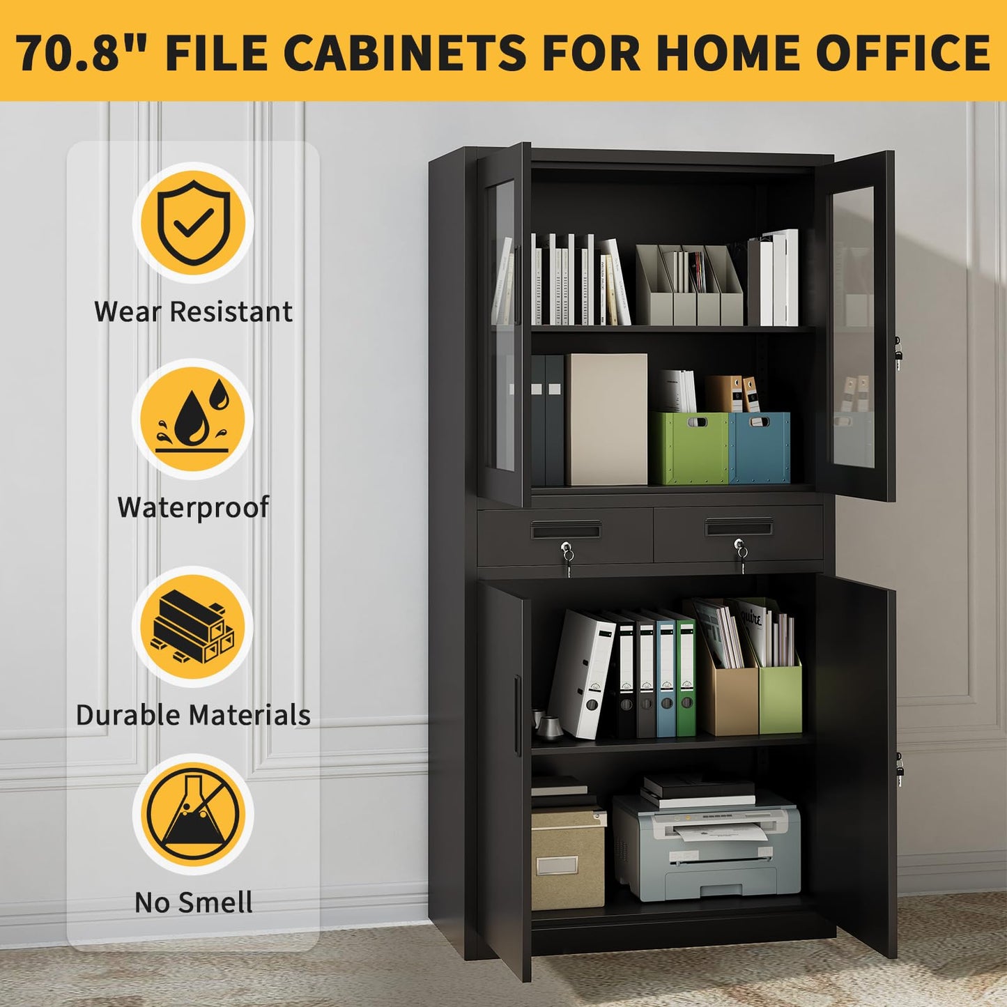 File Cabinet 2-Drawer Lateral with Lock, Metal Office Filing Cabinet for Letter/Legal/a4, Heavy Duty Storage Organizer, Full Extension Drawers, Anti-Tip Safety, Black, Home Office Organization