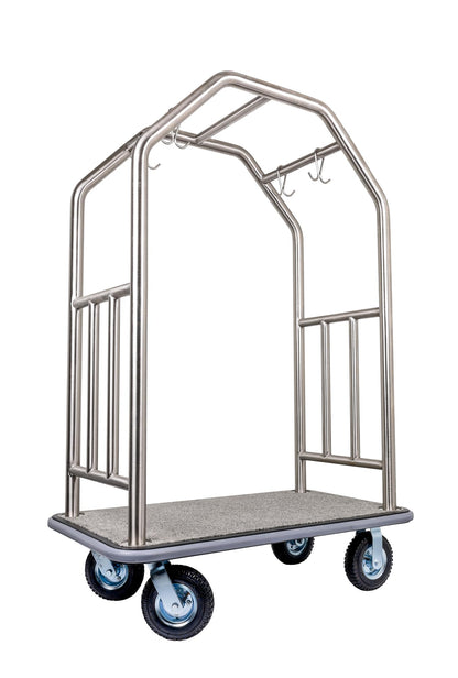 Wholesale Hotel Products Brushed Stainless Steel Luggage Cart –1000lb Capacity–Bellman Cart w/Grey Bumper Guard, Plush Carpet, 2” Welded Steel Frame & 8" Wheels, for 5-Star Hotels (Grand Lux Series)