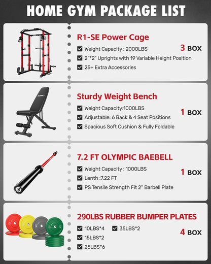 GOIMU RH01 Power Cage Rack, 2000LBS Squat Rack with with Cable Crossover System&LAT Pull Down System, Multi-Function Workout Cage for Home&Garage Gym (Red-SE, RH01 Power Cage with 290LB C Weights)