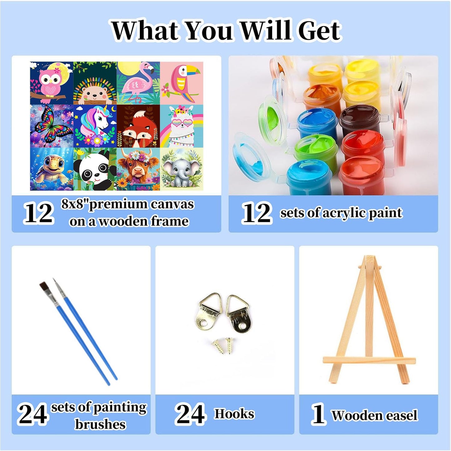 Gemozaic 12 Pack Paint by Numbers Kit for Kids with Frame and Easel, Easy Paint by Numbers Kits for Adults Beginners, Small Painting by Number for Birthday Gift, Painting Party(8X8inch)