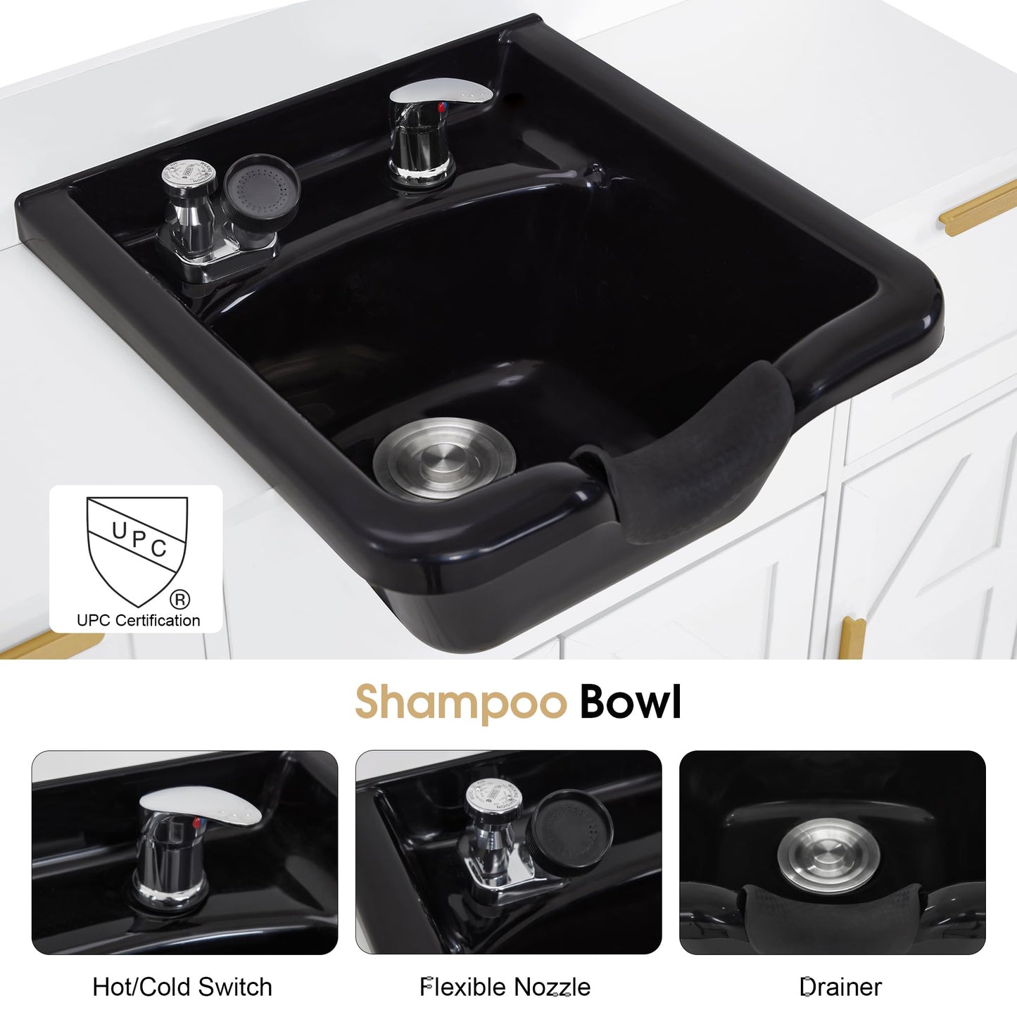 BarberPub Portable Shampoo Station, Shampoo Bowl with Cabinet & Drawer, Salon Geometric Finish Station with Sprayer Faucet, Barber Storage Equipment with Hair Wash Backwash Sink 3439 (White)