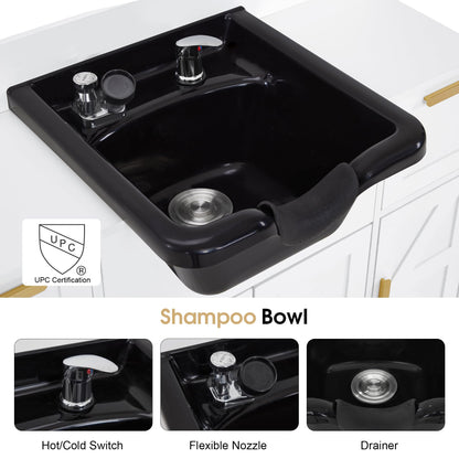 BarberPub Portable Shampoo Station, Shampoo Bowl with Cabinet & Drawer, Salon Geometric Finish Station with Sprayer Faucet, Barber Storage Equipment with Hair Wash Backwash Sink 3439 (White)