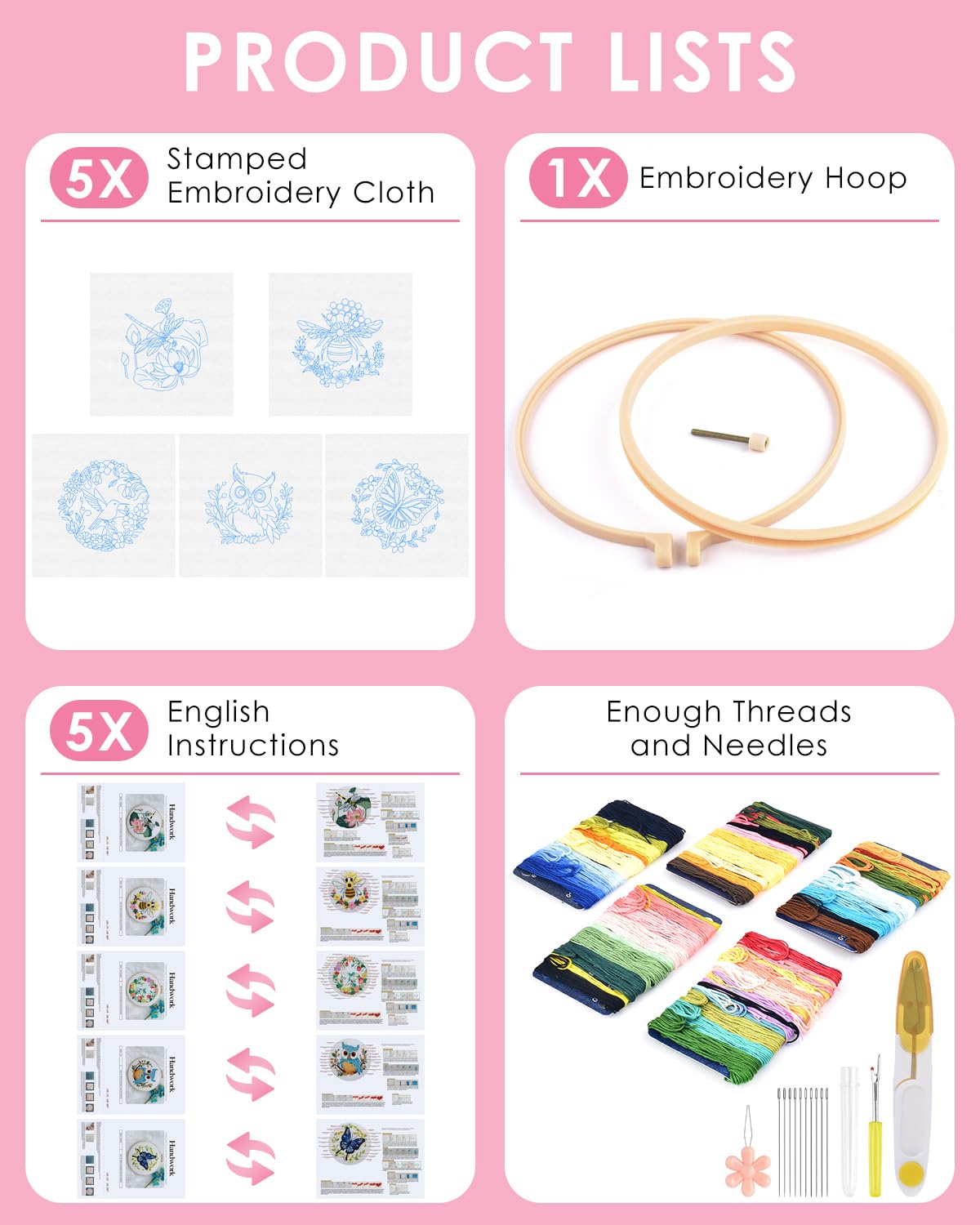 TINDTOP 5 Sets Embroidery Kit for Beginners Adult, Embroidery Kit for Beginners Include Embroidery Cloth Hoops Threads for Craft Lover Hand Stitch with Embroidery Skill Techniques