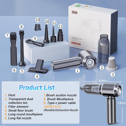 Portable Cordless Handheld Car Vacuum, 15000PA, 3 Speed Adjustable 4 in 1 with Brushless Motor and Multiple Nozzles