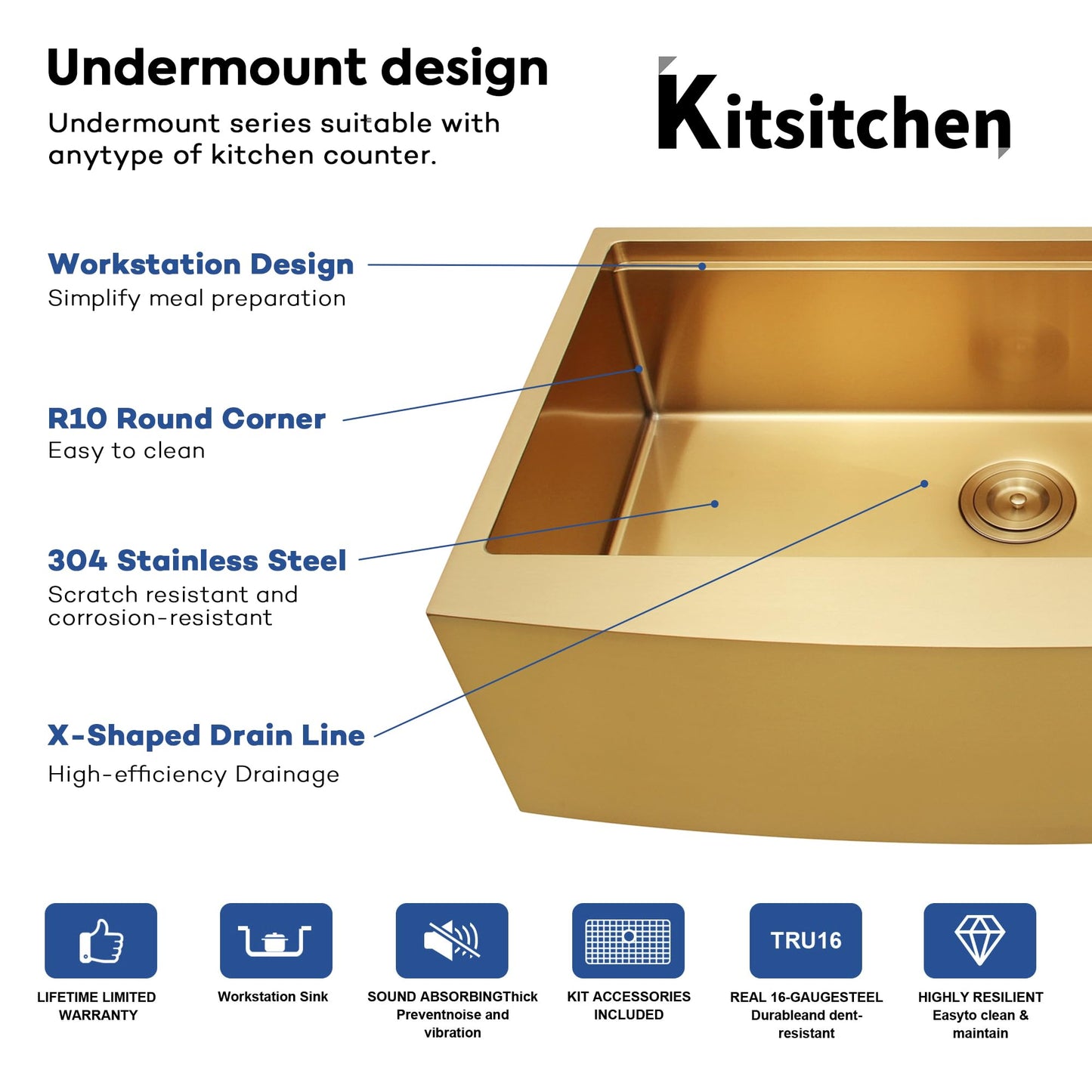 Kitsitchen Gold Farmhouse Kitchen Sink,16 Gauge 304S Stainless Steel Farm Sinks, 33"x20"x10" Large and Deep Apron Front Single Bowl Workstation Sinks with Accessories