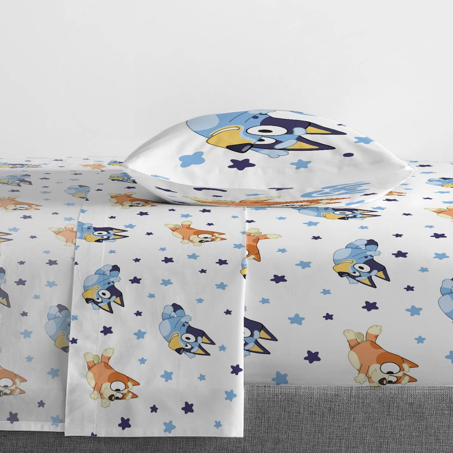 Jay Franco Bluey & Bingo Twin Comforter Set - 5 Piece Bed Set Includes Sheet Set & Pillow Covers - Super Soft Clouds & Stars Kids Bedding