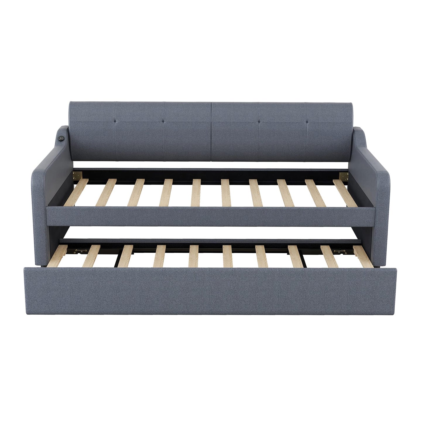 GDFStudio Twin Size Upholstered Daybed with Trundle and USB Charging Port, Pop-Up Trundle Flat or Elevated, Woven Fabric Day Bed Frame with Backrest and Armrests, Gray
