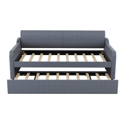 GDFStudio Twin Size Upholstered Daybed with Trundle and USB Charging Port, Pop-Up Trundle Flat or Elevated, Woven Fabric Day Bed Frame with Backrest and Armrests, Gray