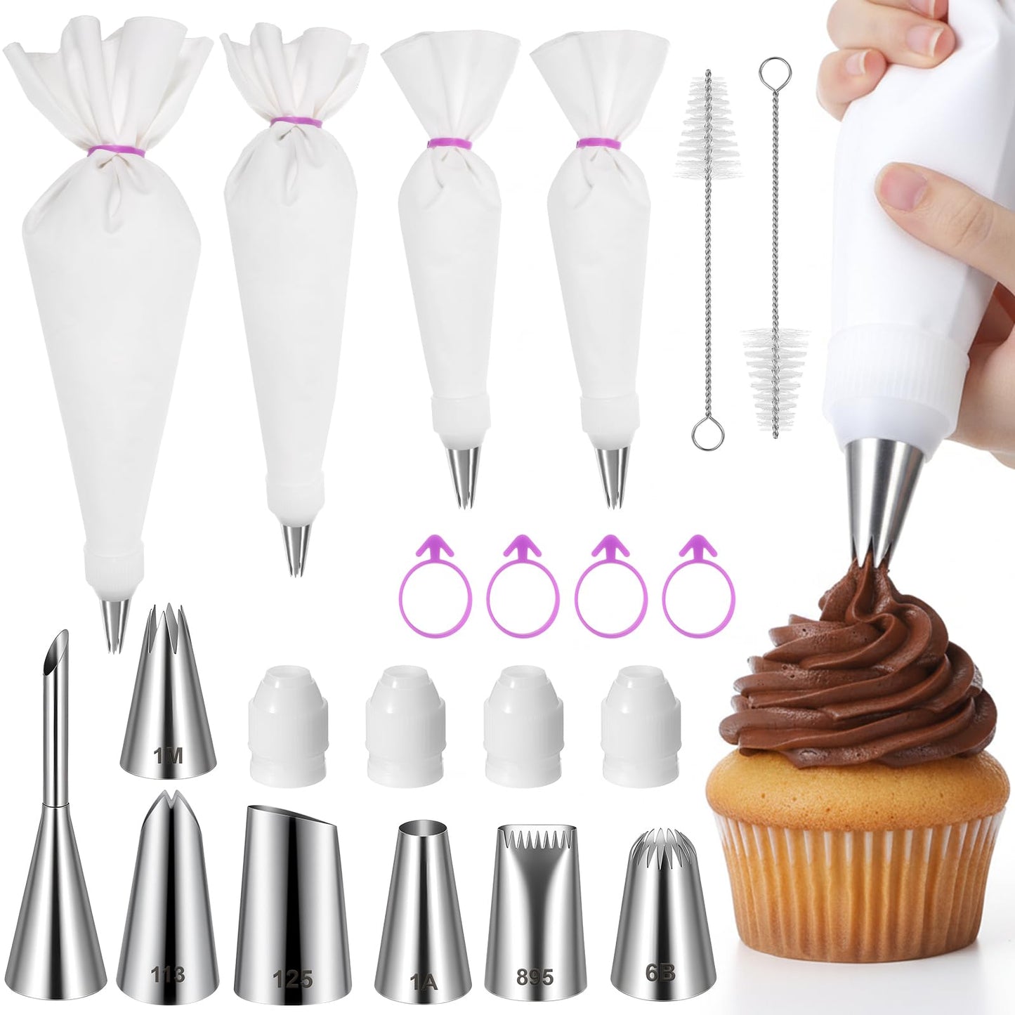 Reusable Piping Bags and Tips Set, Cotton Reusable Piping Bag 12+14+16", with Coupler, Stainless Steel Nozzles & Cleaner, Easy to Clean, Eco-Friendly Baking Kit for Cake Decorating