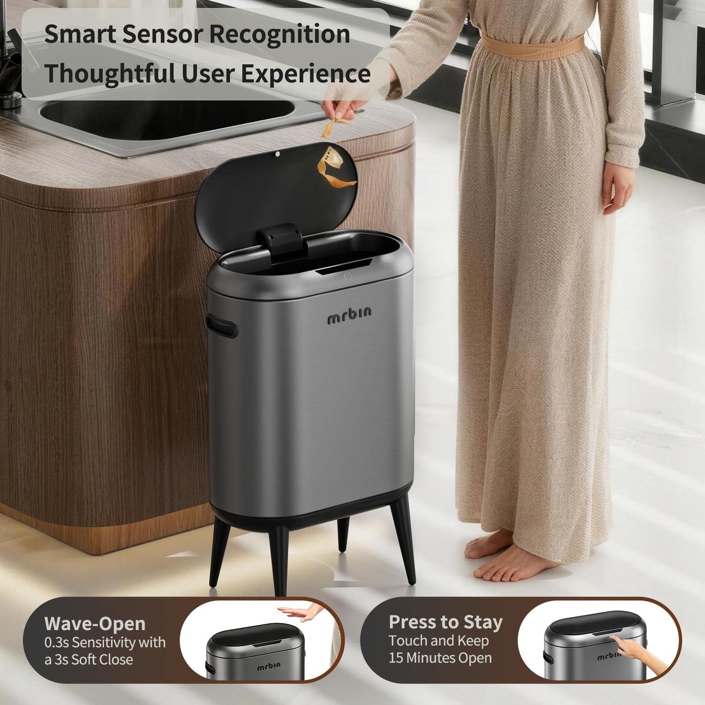 MRBIN 40L/11Gal Slim Sensor Trash Can with Legs, Touchless Motion Sensor Garbage Bin,Side Handles, Narrow Automatic Waste Basket for Kitchen, Living Room, Bedroom, Eclipse Grey