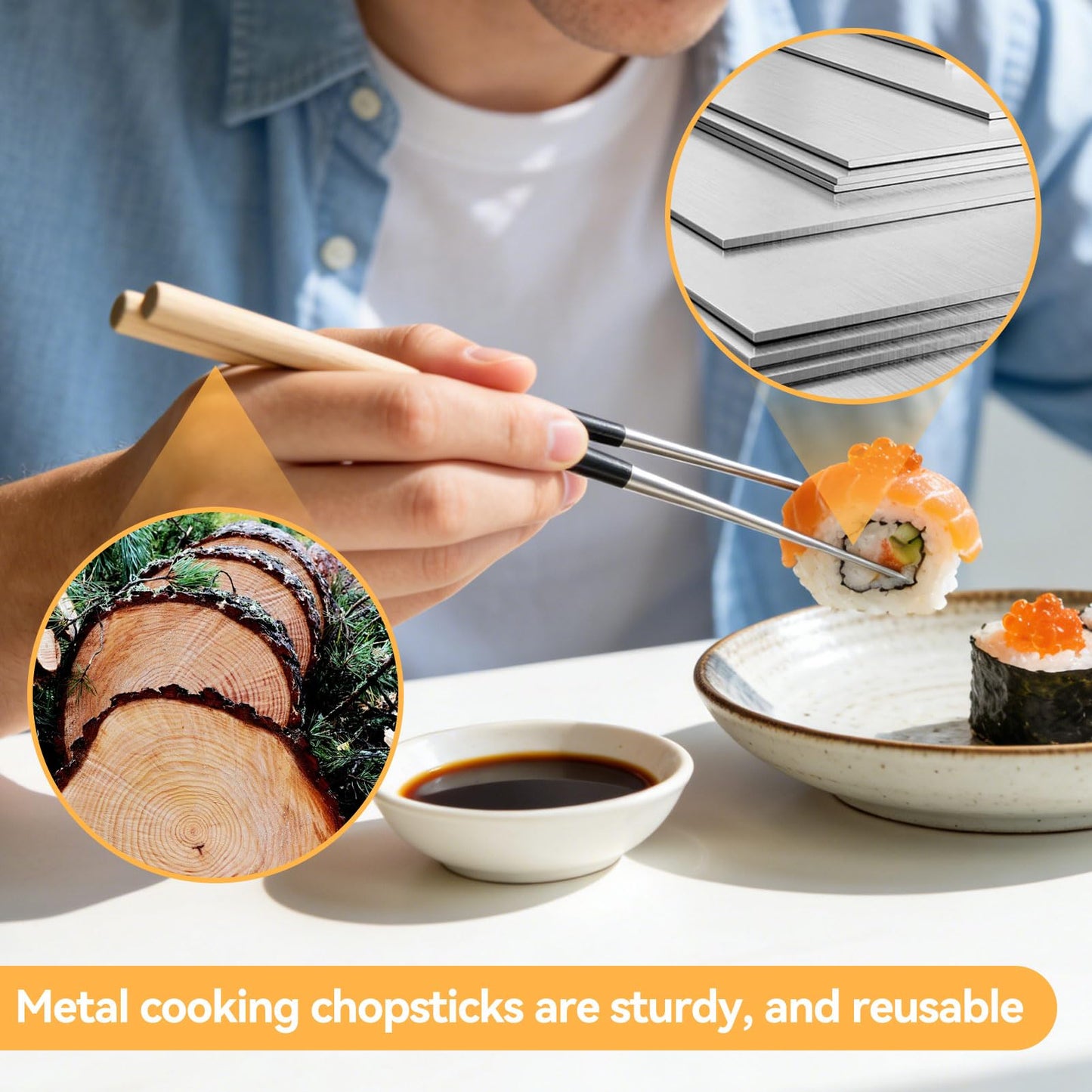 Sushi Chopsticks, 12.4in Stainless Steel Cooking Chopsticks with Wood Handle, Reusable Chop Sticks Dishwasher Safe for Frying, Hot Pot, Noodles and Japanese, Korean, Chinese Foods