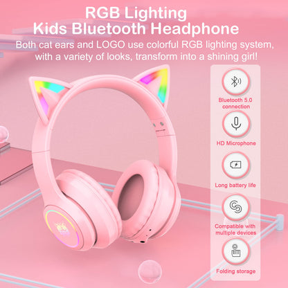 SIMGAL Pink Bluetooth Cat Ear Headphones for Kids & Adults, Wireless & Wired Mode Foldable Headset with Mic - Clear Sound Quality - RGB LED Light, for Girls School Gaming, for Phone/Laptop/PC/Tablet